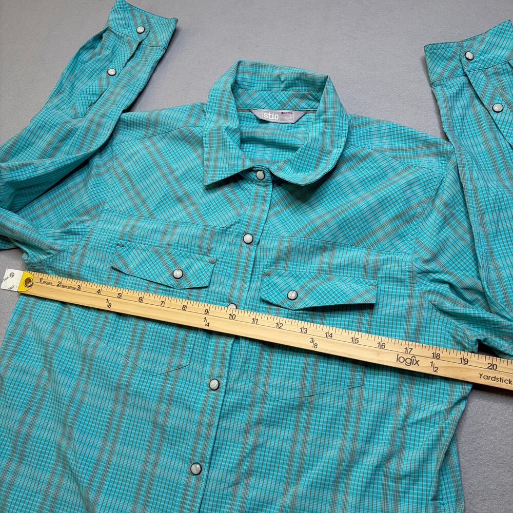 Stio Button Up Shirt Women’s Medium Turquoise Plaid Snap Western Outdoor Hiking - Picture 6 of 10